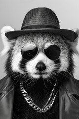 Cool and Stylish Raccoon: A Fashionable Animal Portrait Featuring Sunglasses, a Hat, and a Leather Jacket in Striking Black and White