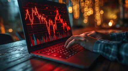 A person is typing on a laptop with a red screen showing a graph. Scene is intense and focused, as the person is likely working on a project or analyzing data