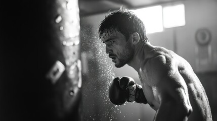 A Boxer in Mid-Punch, Covered in Sweat, Facing a Punching Bag