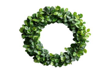 Green decorative wreath with artificial leaves.