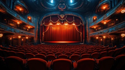Beautiful theater with red velvet curtains and an illuminated stage, a classic theater interior