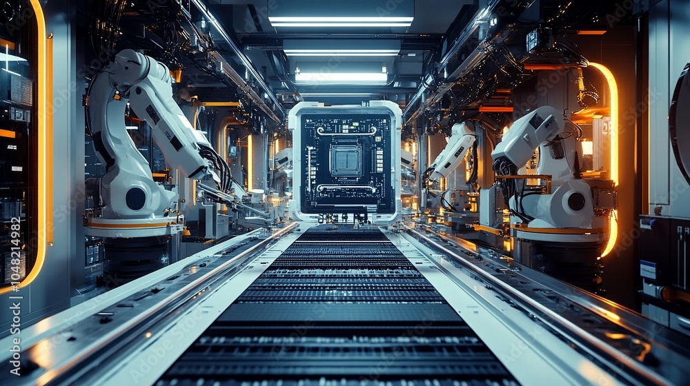 Aufkleber An automated assembly line with robotic arms and a central conveyor belt, producing a large central processing unit chip.