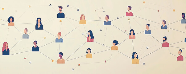 Abstract people network illustration with nodes for wellbeing and development, symbolizing strategic HR and AI focus