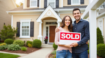 Portrait of Happy Home Buyer Holding Sold Sign in Front of New Home – Real Estate Success, Homeownership, and Realtor Achievement