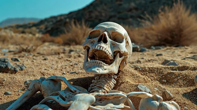 human skeleton on drought ground of wasteland with rock mountain and dry grass as background, environmental crisis concept
