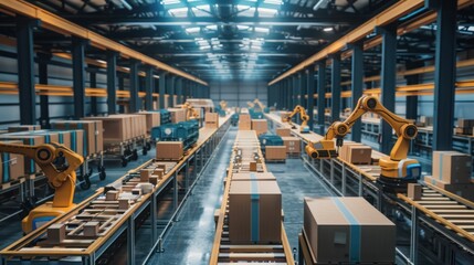 Automated Warehouse with Robotic Arms Moving Cardboard Boxes on Conveyor Belts