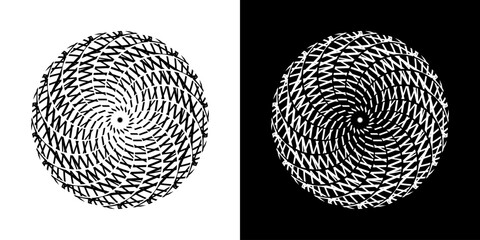 Abstract background with abstract line pattern in circles. Spiral art design as a logo or icon. A black figure on a white background and the same white figure on a black side. Mandala design with line