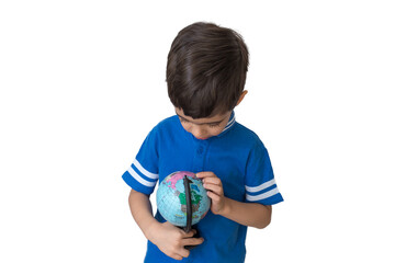 Portrait of a happy schoolboy studying a globe on white background. Learning concept