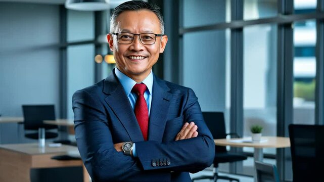 Thai businessman at modern office with confident optimistic vibes face expression