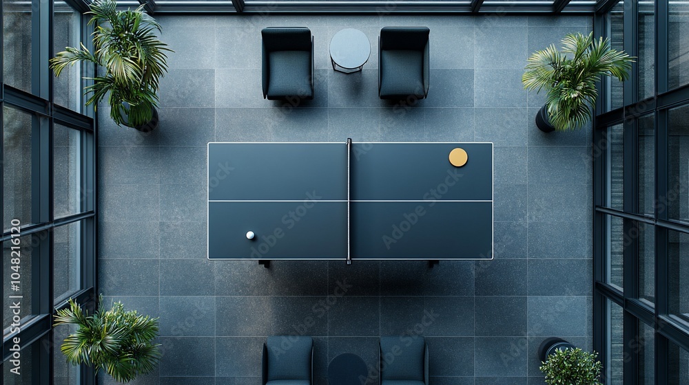 Aufkleber An overhead view of a ping pong table in a modern office with two chairs and plants on either side.