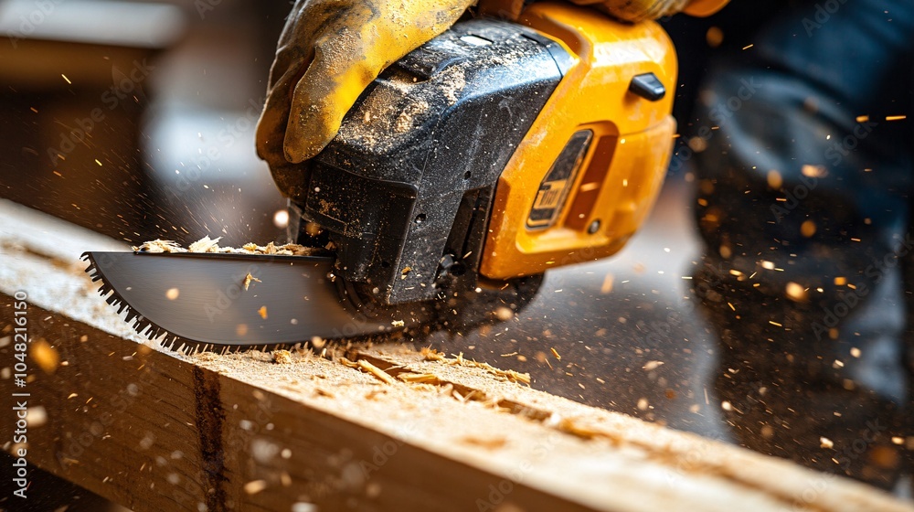 Poster craftsman in a workshop using a high-powered circular saw to cut through thick wood beams while wear
