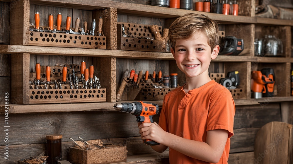 Poster teenager using a power drill to create holes in wood for a diy shelving unit learning practical skil