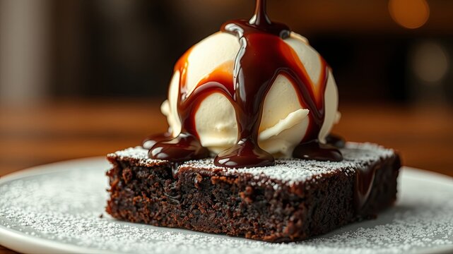 A decadent chocolate brownie topped with a scoop of vanilla ice cream and a generous drizzle of rich chocolate sauce, dusted with powdered sugar, a symphony of textures and flavors.