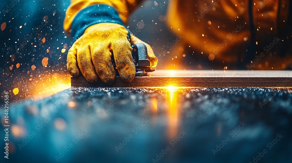 Poster craftsman wearing protective gloves and ear protection while using a table saw to cut wood in a prof