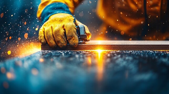 Craftsman wearing protective gloves and ear protection while using a table saw to cut wood in a professional setting Stock Photo with side copy space