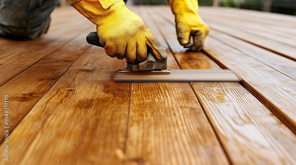 Poster craftsman using a high-powered belt sander to finish a large wooden surface with professional tools 