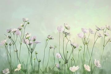 Delicate White Wildflowers in a Soft Green Landscape: Serene Nature Background for Spring Themes, Relaxation, and Floral Designs