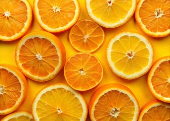Obraz premium Fresh Orange Slices on Yellow Background - Vibrant Product Photography for Citrus Lovers