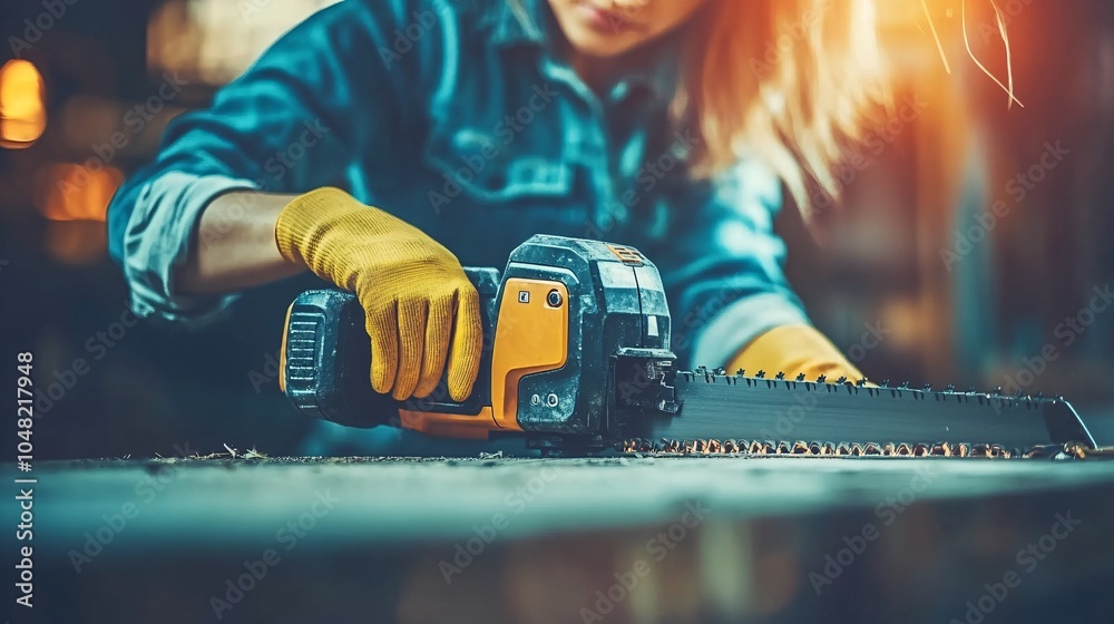 Poster woman using a jigsaw to cut through wood for a diy project demonstrating confidence in using power t