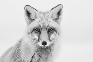 Naklejka premium Elegant Close-Up of a Majestic Fox in Black and White, Showcasing Its Intense Gaze and Fluffy Fur Against a Minimalist Background.