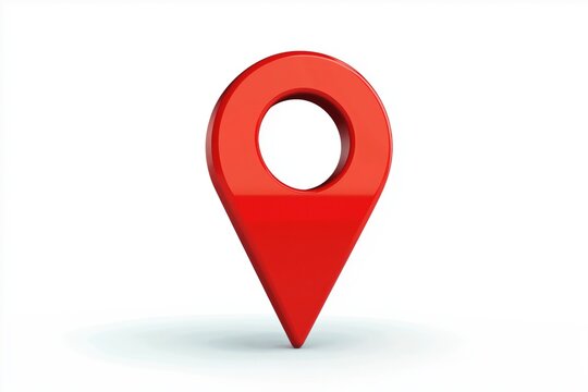A minimalistic red 3D location pin icon with a circular hole in the middle, set against a white backdrop