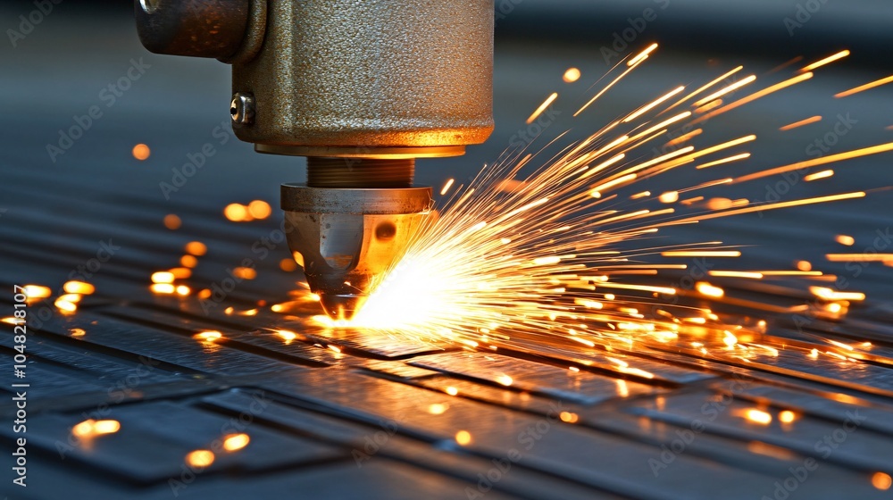 Poster Craftsman using a powerful angle grinder to shape metal in a workshop Stock Photo with side copy space