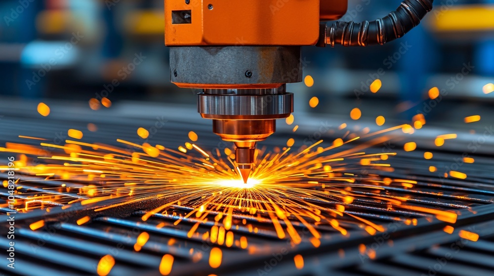 Poster craftsman using a powerful angle grinder to shape metal in a workshop stock photo with side copy spa
