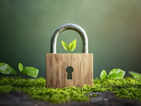 Wooden Padlock Icon Symbolizing Eco Friendly Security and Natural Resource Protection