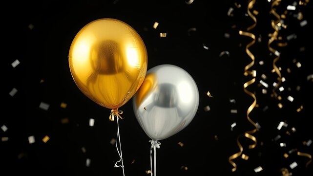A gold and silver balloon pair adorned with cascading confetti streamers, celebrating a momentous occasion.