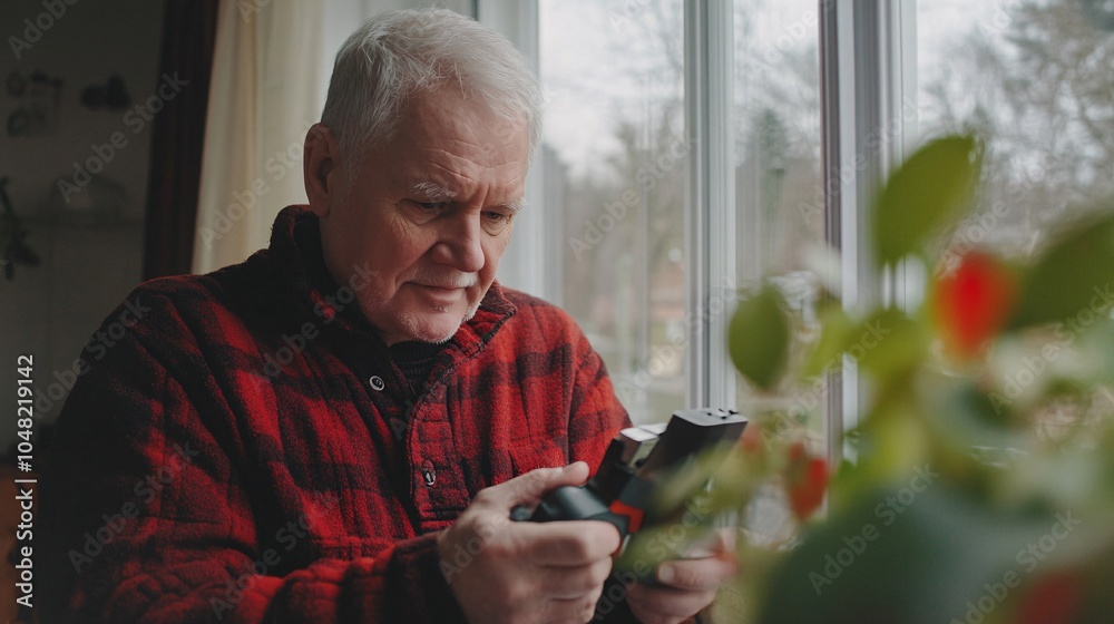 Poster Senior man using a cordless power screwdriver to fix household items showing confidence and experience in handling tools Stock Photo with side copy space