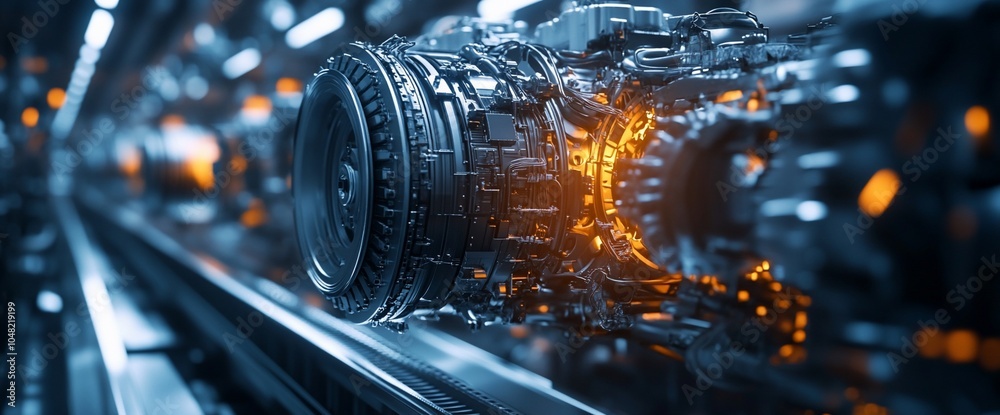 Aufkleber close-up of a complex machine with intricate gears and mechanisms, illuminated by warm lights.