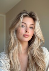 Naklejka premium Woman with Long Blonde Hair and Soft Expression