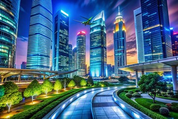 Futuristic Corporate Skyline with Neon-Lit Skyscrapers in Night Photography for Urban Aesthetics