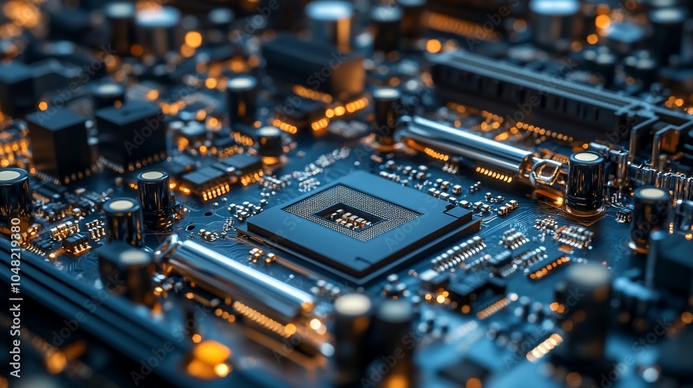 Poster Close-up of a computer motherboard with a central processing unit (CPU) chip.