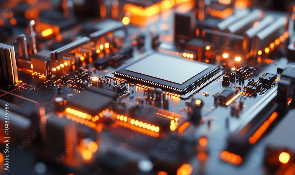 Aufkleber Close-up of a computer processor chip on a circuit board with glowing lights.