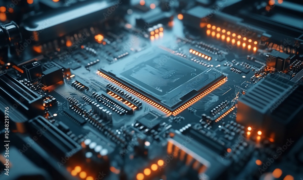 Poster Close-up of a computer motherboard with a glowing CPU in the center.