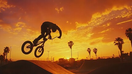 BMX Rider Performing Backflip Over Dirt Ramp at Sunset