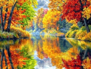 Obraz premium Serene Autumn River with Colorful Trees Reflection