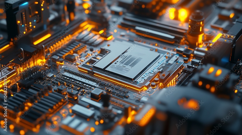 Aufkleber Close-up of a glowing circuit board with a processor in the center, illuminated with warm orange light.