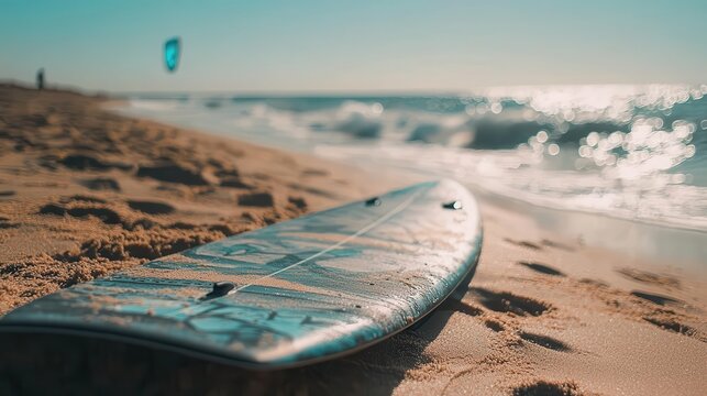 Close-Up of Kiteboard Resting on Sandy Beach