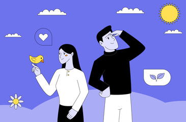 Vector cartoon illustration of people. Spring vibe. Flat style.