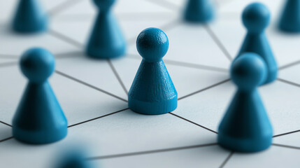 HR professional analyzing a network graph of employees, management through connectivity, sleek blue tones