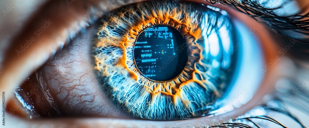 Poster close-up of a human eye with a digital code reflected in the pupil.