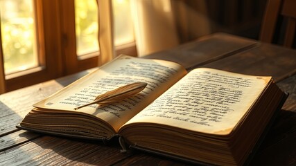 Fototapeta premium A well-worn book, its pages filled with handwritten script, rests open upon a wooden surface, bathed in warm sunlight, a single feather resting upon the parchment, ready to continue the tale