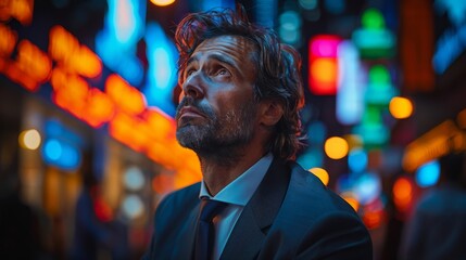 Fototapeta premium Urban Nocturne: A pensive businessman gazes upwards, lost in thought amidst the vibrant glow of a city's neon lights. The image evokes a sense of ambition, contemplation.