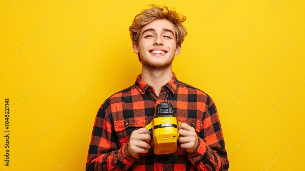 Poster teenager holding a power sander and smiling brightly while showcasing the fun of diy projects stock 