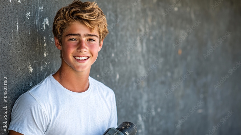 Poster teenager holding a power sander and smiling brightly while showcasing the fun of diy projects stock 