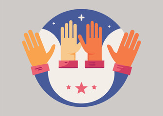 A symbolic logo featuring hands of different colors reaching upwards, representing unity, diversity, and inclusivity.