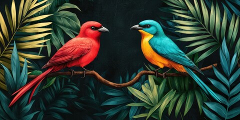Fototapeta premium A vibrant illustration of a red bird and a blue-green bird perched on a branch, surrounded by lush green foliage.