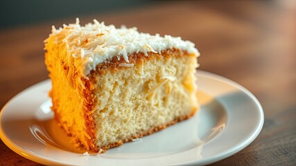 A slice of cake with fluffy white frosting and shredded coconut, resting on a white plate against a wooden background.